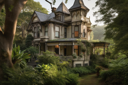 victorian house with wrap-around porch and lanterns, surrounded by lush greenery, created with generative aiの素材