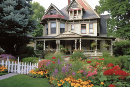 classic victorian house with front porch and welcoming, floral garden, created with generative aiの素材