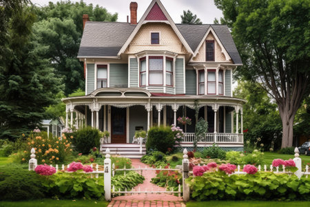 classic victorian house with front porch and welcoming, floral garden, created with generative aiの素材