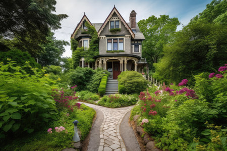victorian house with lush garden, blooming flowers and stone pathway, created with generative aiの素材