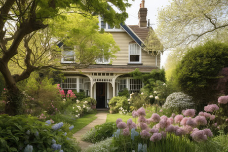 victorian house with garden, shaded by trees and surrounded by blooming flowers, created with generative aiの素材