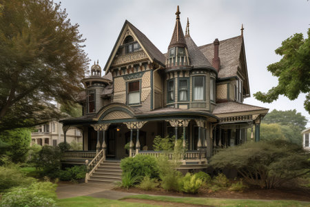 exquisite victorian house with intricate gabled roof and wrap-around porch in quaint village, created with generative aiの素材