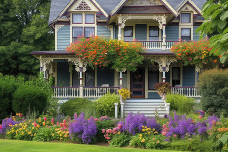 victorian house with colorful flower garden on the porch, created with generative aiの素材