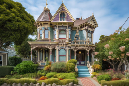 classic victorian house, with intricate exterior details and painted accents, in vibrant neighborhood, created with generative aiの素材