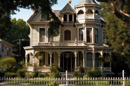 victorian house with wrap-around porch, and lattice work, created with generative aiの素材