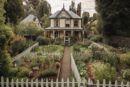 victorian house with garden and vegetable patch, picket fence in the background, created with generative aiの素材