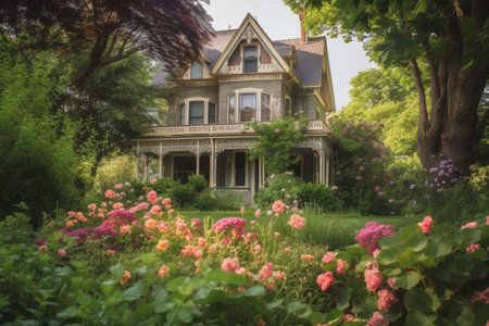 victorian house surrounded by lush greenery, with blooming flowers in the garden, created with generative aiの素材