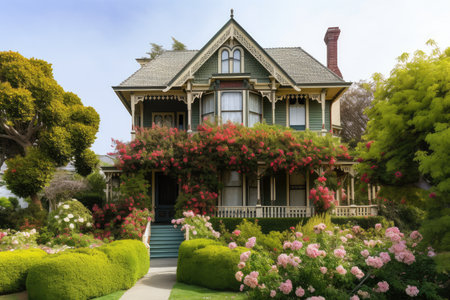 victorian house surrounded by lush greenery, with blooming flowers in the garden, created with generative aiの素材