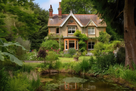 victorian house, with view of the garden and pond, surrounded by lush greenery, created with generative aiの素材