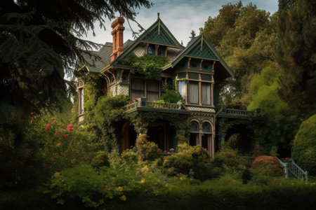 beautiful victorian house surrounded by lush greenery, with birds singing in the background, created with generative aiの素材