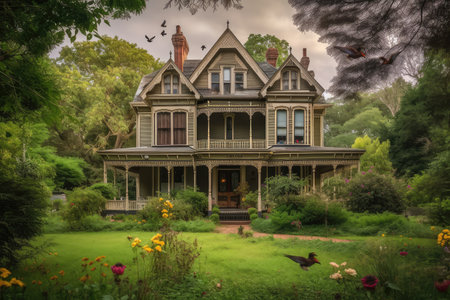 beautiful victorian house surrounded by lush greenery, with birds singing in the background, created with generative aiの素材