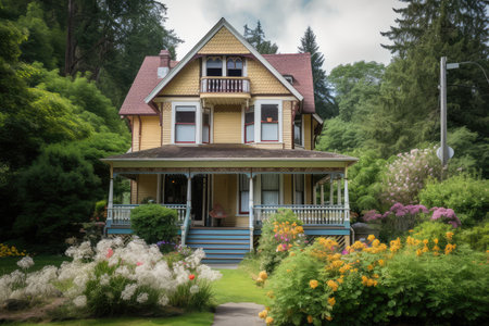 victorian house with wrap-around porch in front yard, surrounded by trees and flowers, created with generative aiの素材