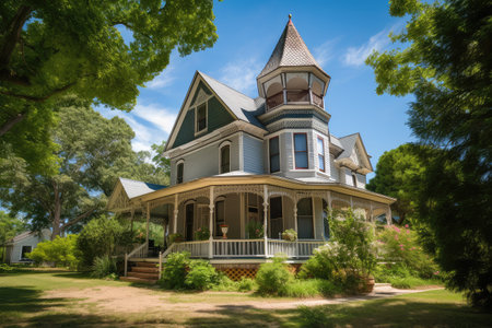 victorian house with wrap-around porch and swing, on a sunny day, created with generative aiの素材