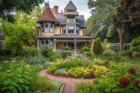 victorian house surrounded by lush greenery and flowers in garden, created with generative aiの素材