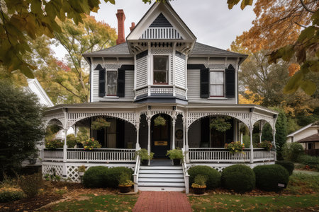 a white victorian house with black shutters and a wrap-around porch, created with generative aiの素材