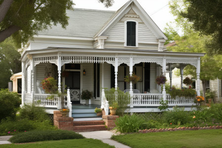 a white victorian house with black shutters and a wrap-around porch, created with generative aiの素材