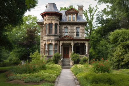 victorian house with stone exterior, surrounded by lush greenery, created with generative aiの素材