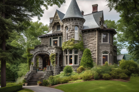 victorian house with stone exterior, surrounded by lush greenery, created with generative aiの素材
