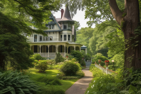 view of grand victorian house, surrounded by lush garden and winding walkways, created with generative aiの素材