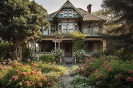victorian house, surrounded by blooming flowers and foliage, with wooden porch, created with generative aiの素材