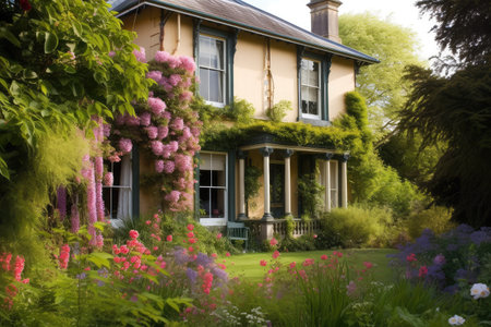 victorian house, with view of garden, surrounded by blooming flowers, created with generative aiの素材