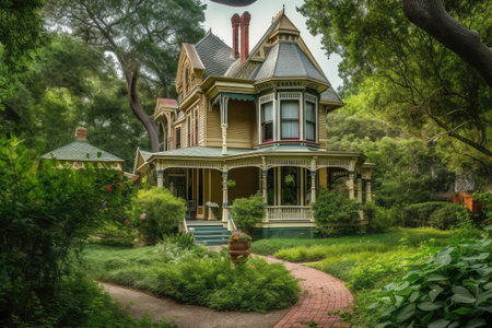 victorian house with wrap-around porch and lanterns, surrounded by lush greenery, created with generative aiの素材
