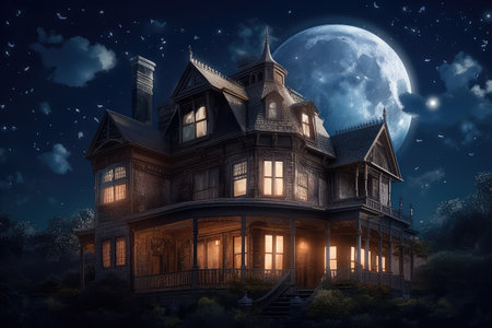 victorian house, with view of the moon and stars in the night sky, created with generative aiの素材