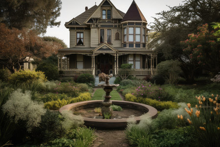 victorian house surrounded by garden, with blooming flowers and fountains, created with generative aiの素材