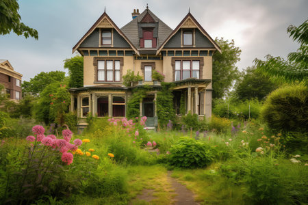 victorian house with view of peaceful garden, surrounded by greenery and blooming flowers, created with generative aiの素材