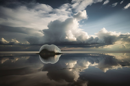 float landscape with surreal sky, cloud formations and dramatic lighting, created with generative aiの素材
