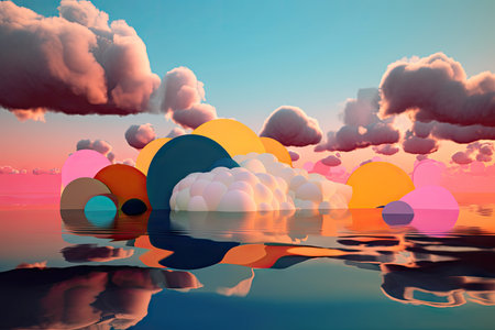 float landscape with abstract shapes and colors of sky, clouds, and water, created with generative aiの素材