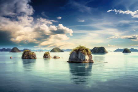 seascape with floating islands, crystal clear water and dramatic sky, created with generative aiの素材