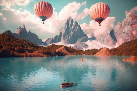 surreal float landscape with peaceful lake and towering mountains in the background, created with generative aiの素材