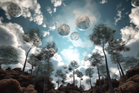 surreal float landscape of tree tops, with a view of the sky beyond, created with generative aiの素材