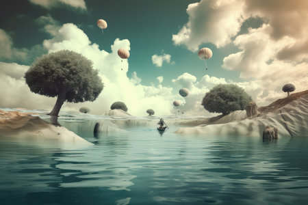 drowning in a surreal float landscape, with the water level rising and no way to escape, created with generative aiの素材