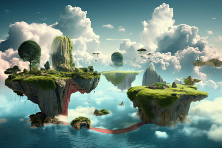 dreamlike landscape with surreal floating islands and waterfalls, created with generative aiの素材