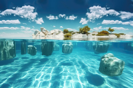 surreal float landscape with crystal clear water and light blue sky, created with generative aiの素材