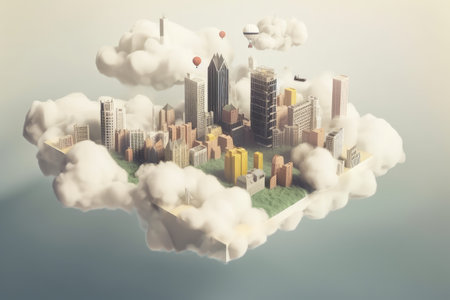 urban float landscape, with city streets and high-rise buildings floating above the clouds, created with generative aiの素材