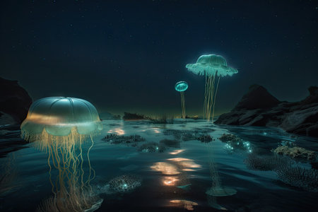 surreal float landscape with bioluminescent algae and jellyfish, created with generative aiの素材