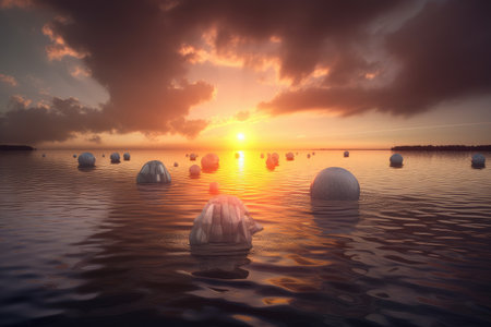 surreal float landscape with the sun setting, casting warm and beautiful light on the horizon, created with generative aiの素材