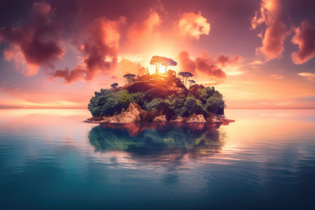floating island surrounded by beautiful sunset sky, created with generative aiの素材