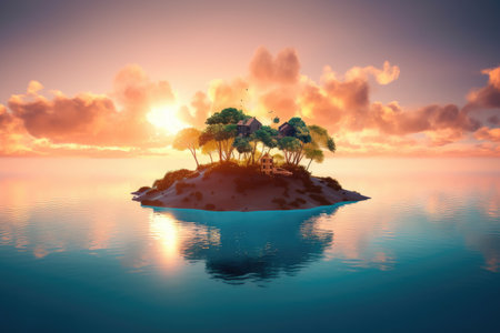 floating island surrounded by beautiful sunset sky, created with generative aiの素材