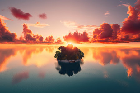 floating island surrounded by beautiful sunset sky, created with generative aiの素材