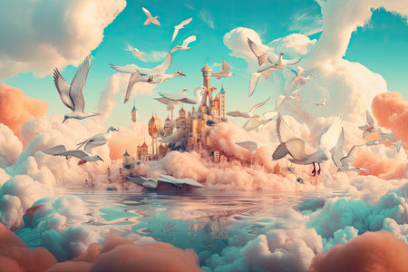 a surreal float landscape with clouds and birds in the sky, created with generative aiの素材