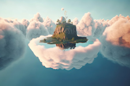 floating island in a sea of clouds, surrounded by surreal and dreamlike landscape, created with generative aiの素材