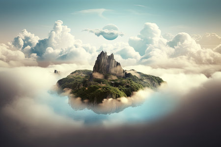 floating island in a sea of clouds, surrounded by surreal and dreamlike landscape, created with generative aiの素材
