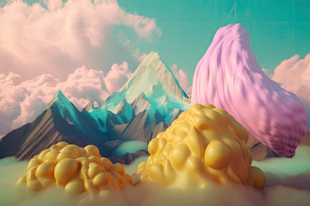 a surreal float landscape with a towering mountain range in the background, created with generative aiの素材