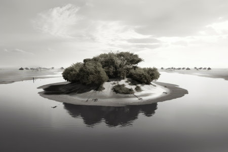 floating island of greenery in desolate, monochrome desert, created with generative aiの素材