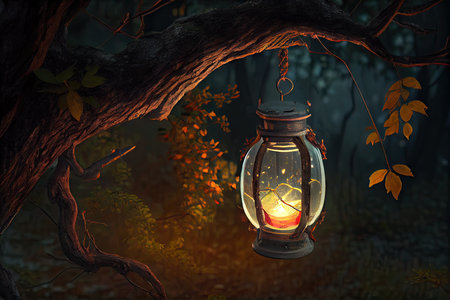 lantern hanging from tree branch, with view of the forest, created with generative aiの素材
