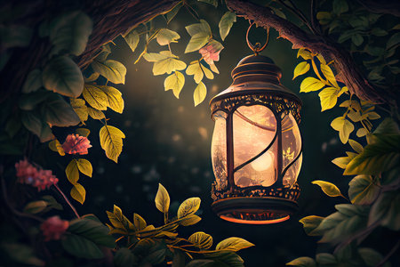 lantern hanging from tree branch, surrounded by lush foliage, created with generative aiの素材